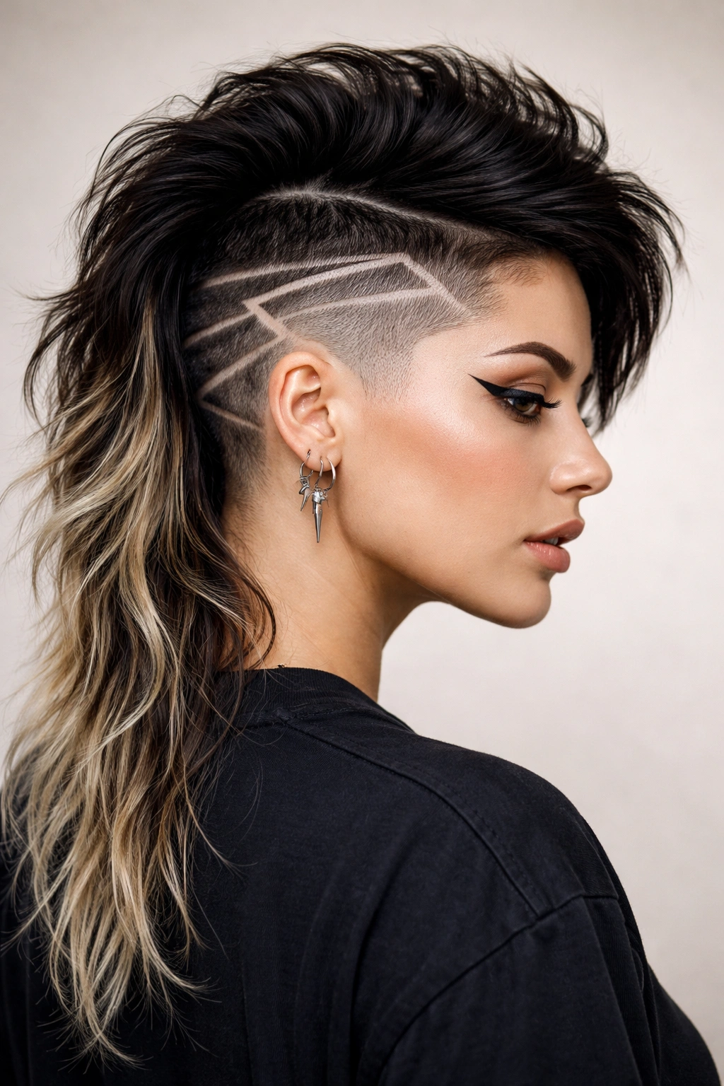 Portrait featuring a mullet undercut with fade pattern and geometric lines