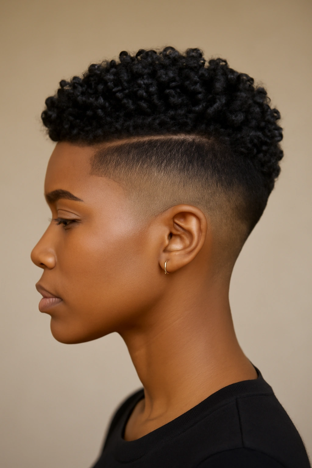 12 Short Curly Natural Hairstyles for Black Women 12 Side profile of fade with sleek, defined crown styling and sculpted curls.