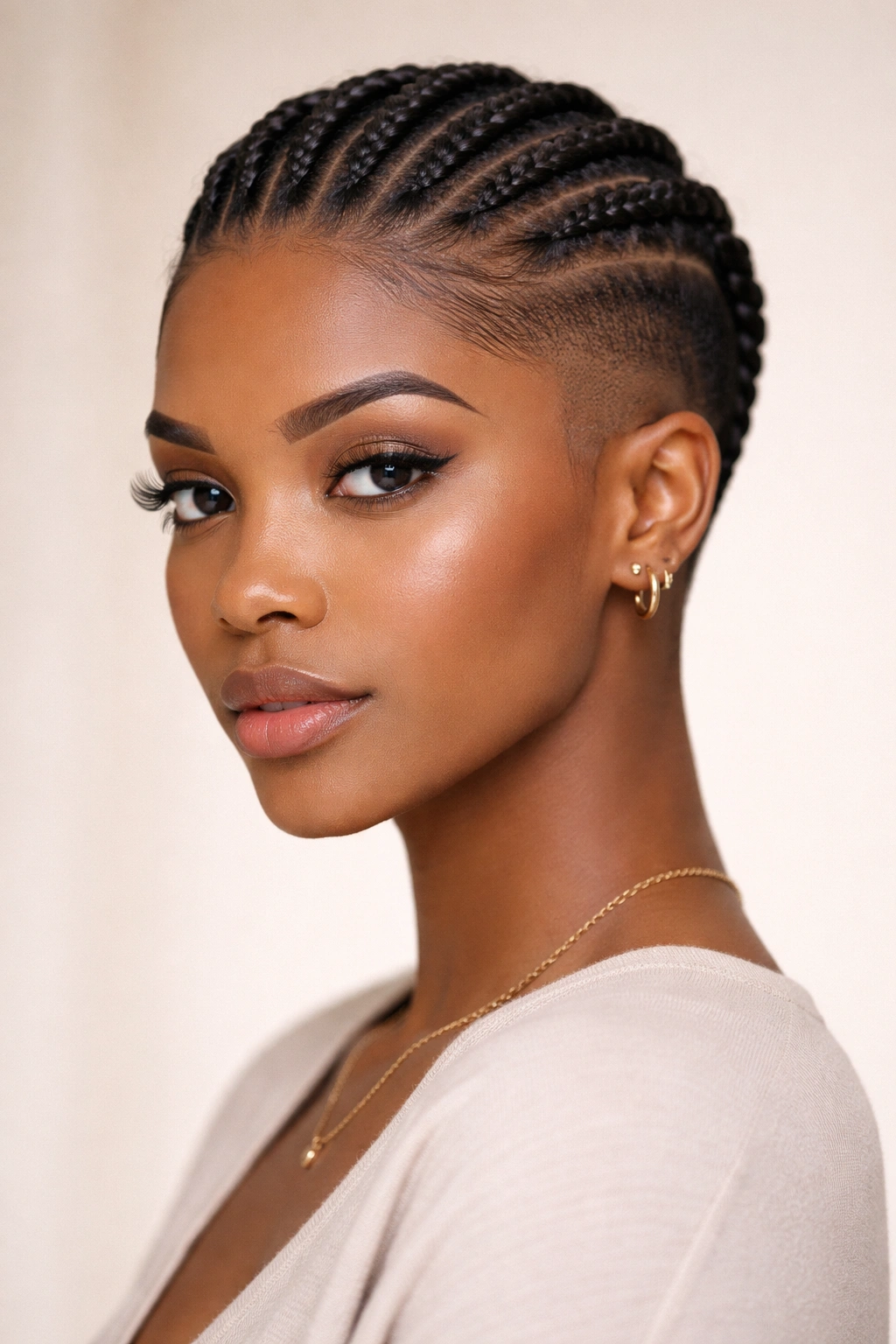 Close-up of faded box braids with shaved sides in a neutral studio setting