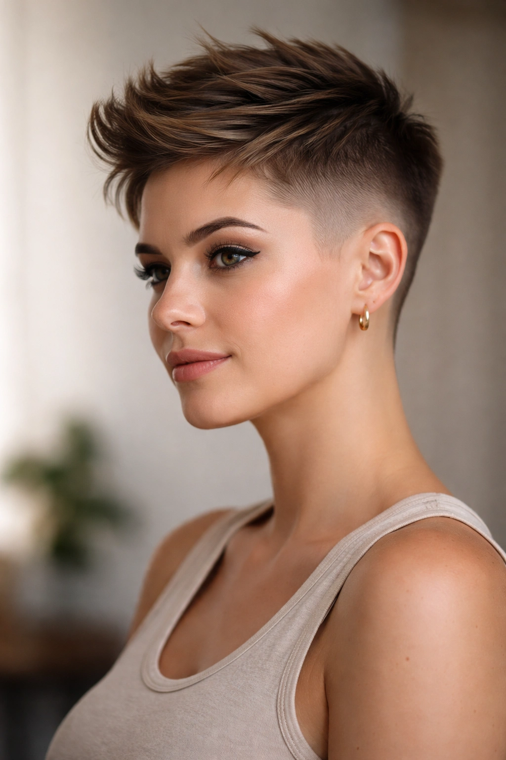 15 Pixie Styles Perfectly Suited To Round Faces 10 Portrait of a person with a faded pixie showing sharp contrast between short sides and long top