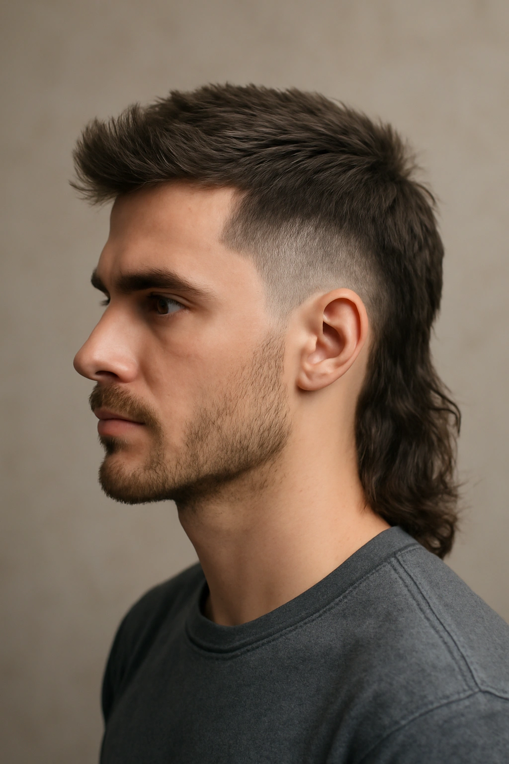 10 Mullet Haircuts That Suit Thick Heavy Hair 9 Profile view of a person with a faded temple mullet, showing a tight temple fade and long back
