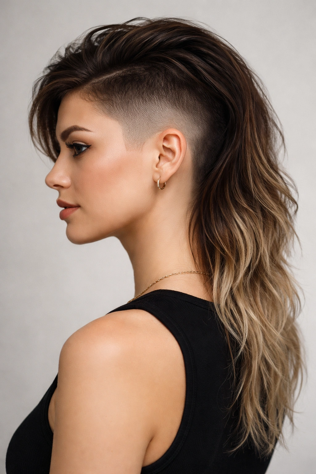 Close-up portrait showing a faded undercut with longer mullet and smooth gradient