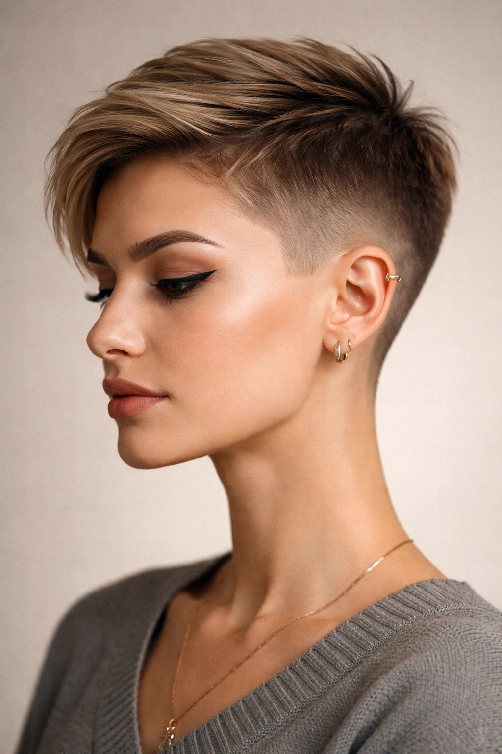Close-up of faded undercut pixie with seamless blend on sides