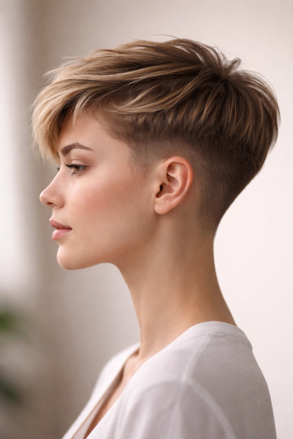 8 Undercut Pixie Styles From Soft To Sharp 5 Side profile of a faded undercut pixie with a smooth gradient