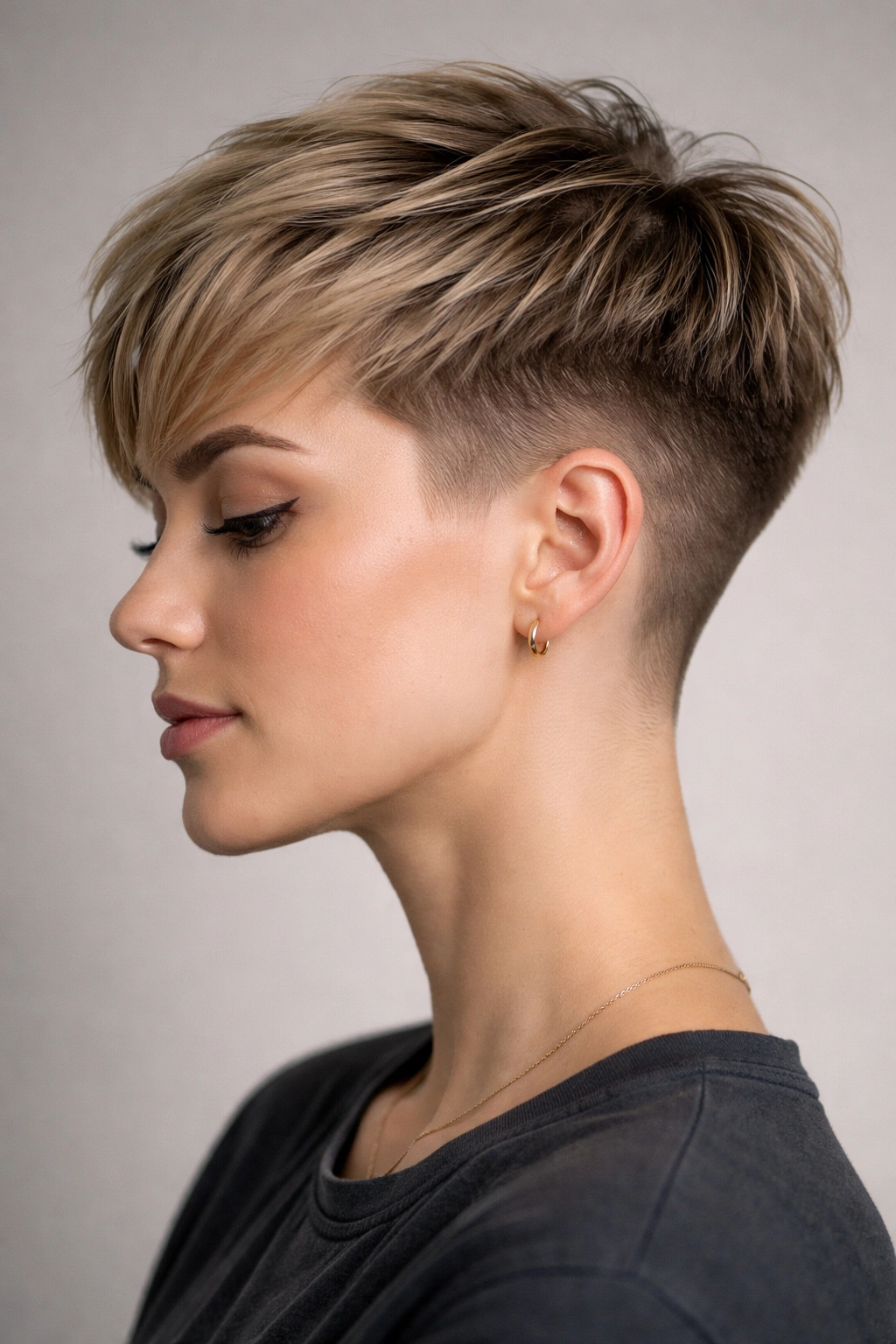 Close-up of a pixie-top with seamless faded undercut highlighting the gradient.