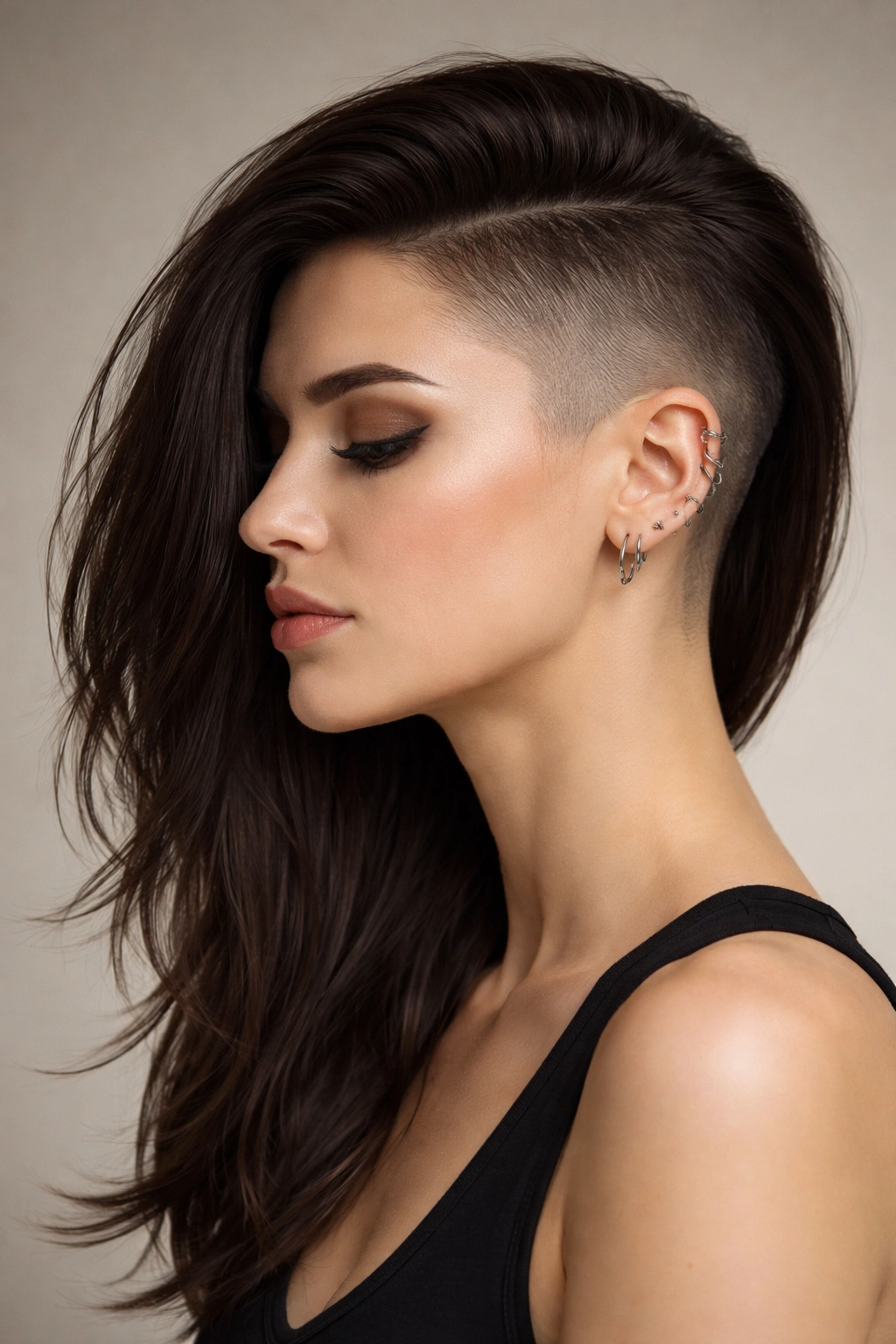 Side profile of a model with a long top and a softly faded undercut.
