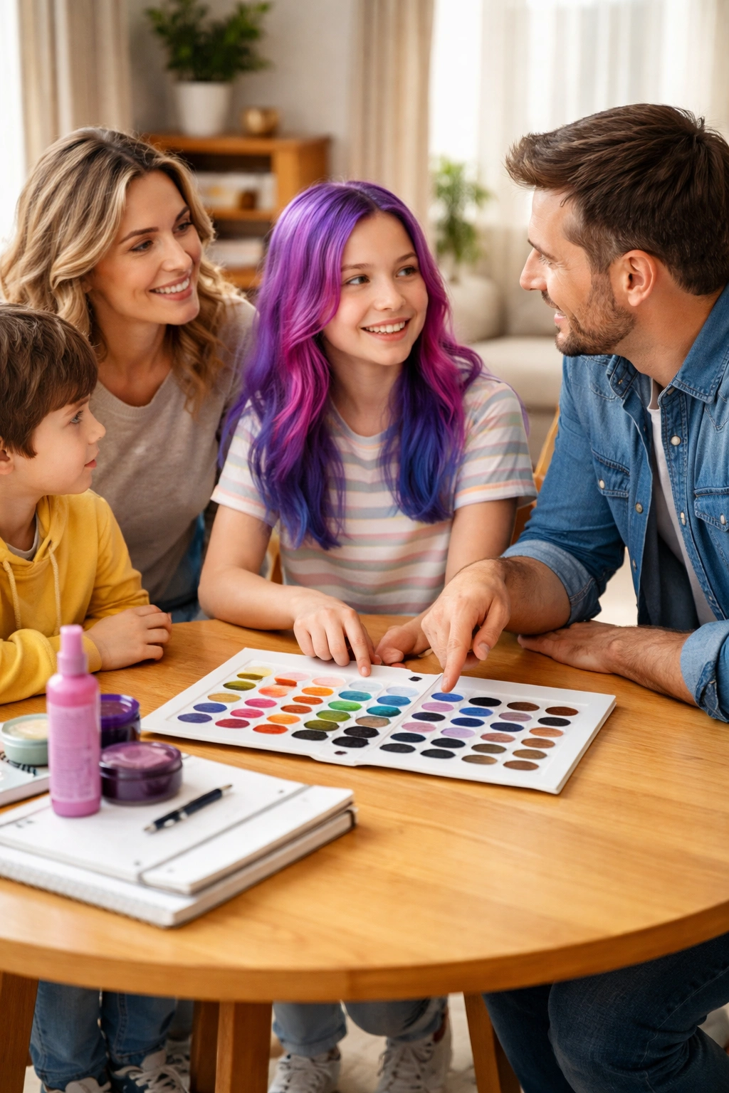 Family deciding together about hair color around a table.