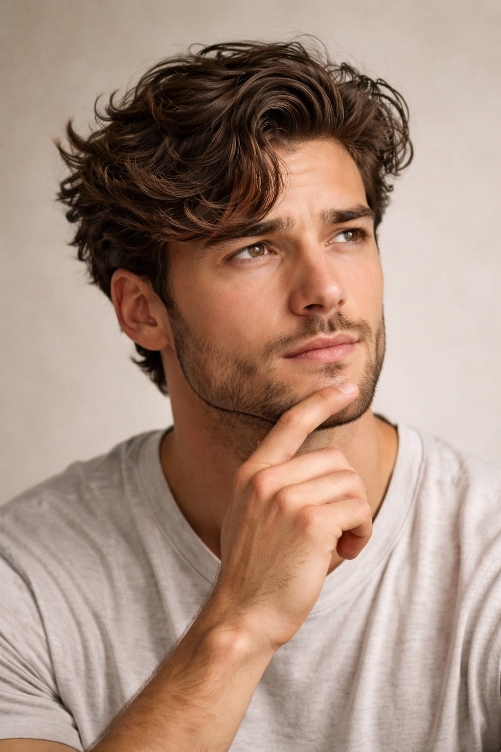 Profile silhouette of a man with wavy hair in a studio setting, conveying questions about hairstyle options