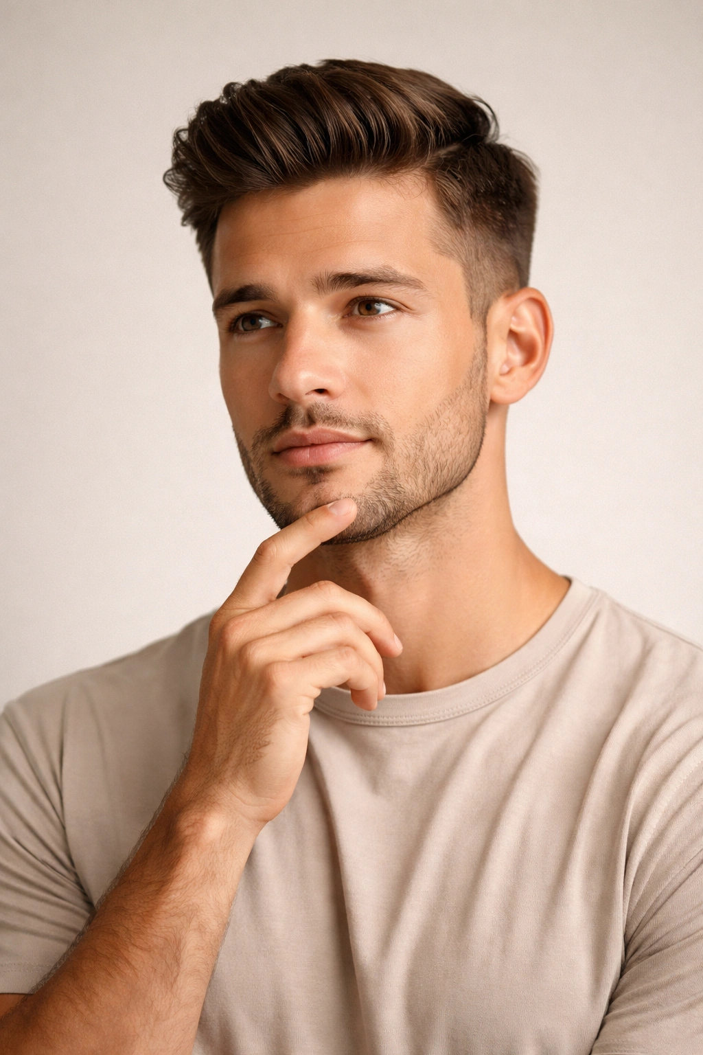 Portrait of a thoughtful man in a studio with well-groomed hair