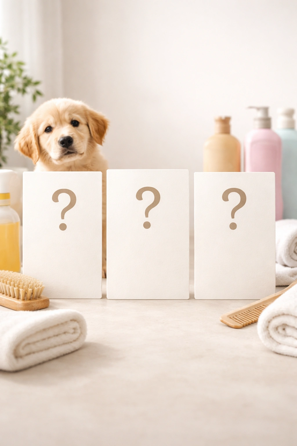 Minimalist three-panel concept representing frequently asked questions about dog grooming safety