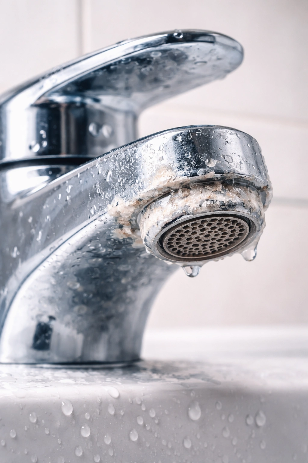 Faucet with chalky mineral deposits indicating hard water