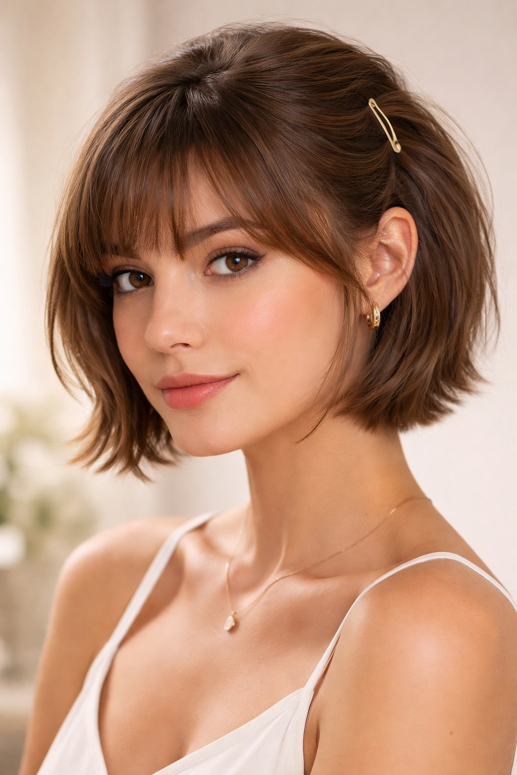 Close-up of a small hair clip placed behind the bangs to suggest a faux fringe