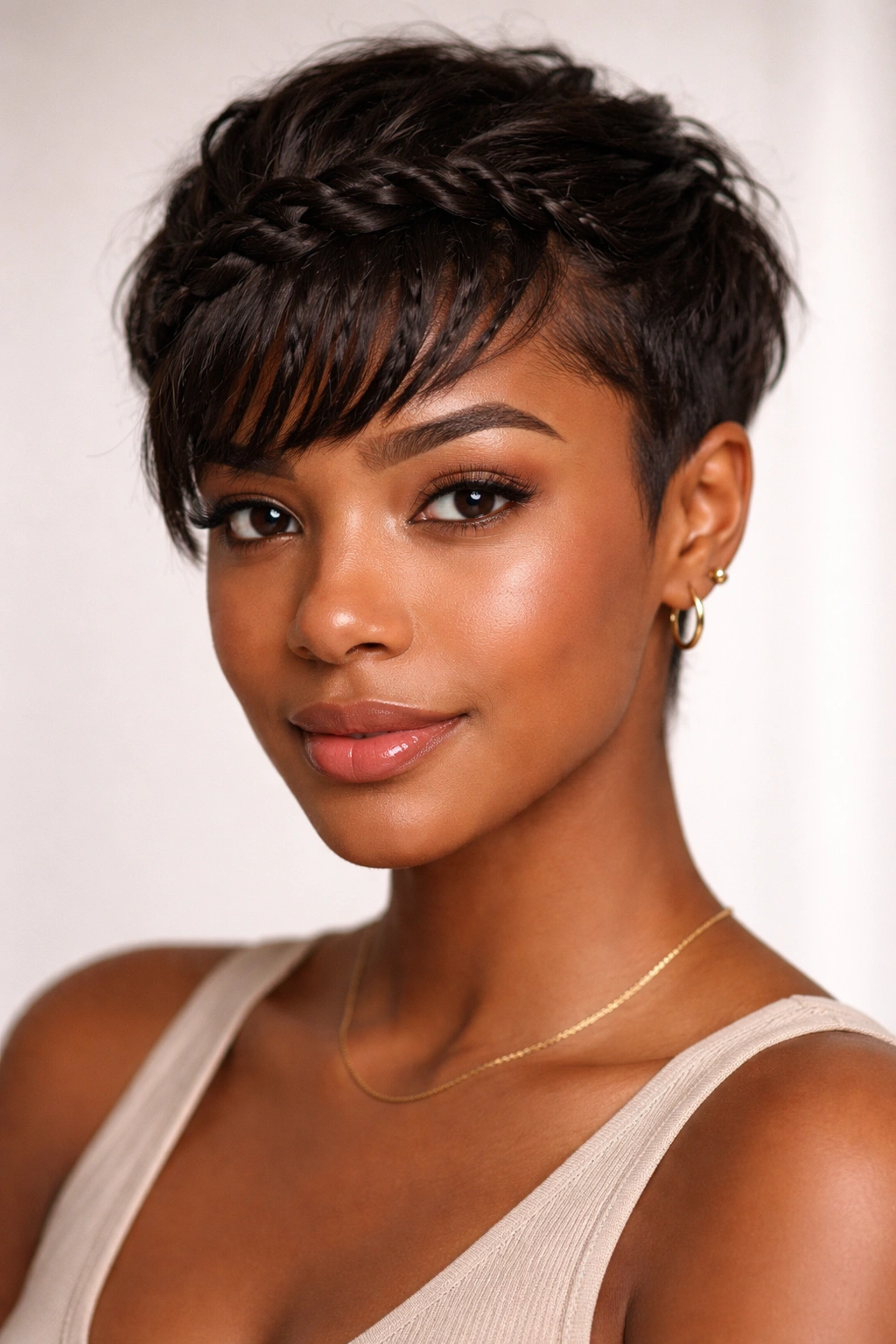 Front hairline braided to resemble bangs on a short hairstyle