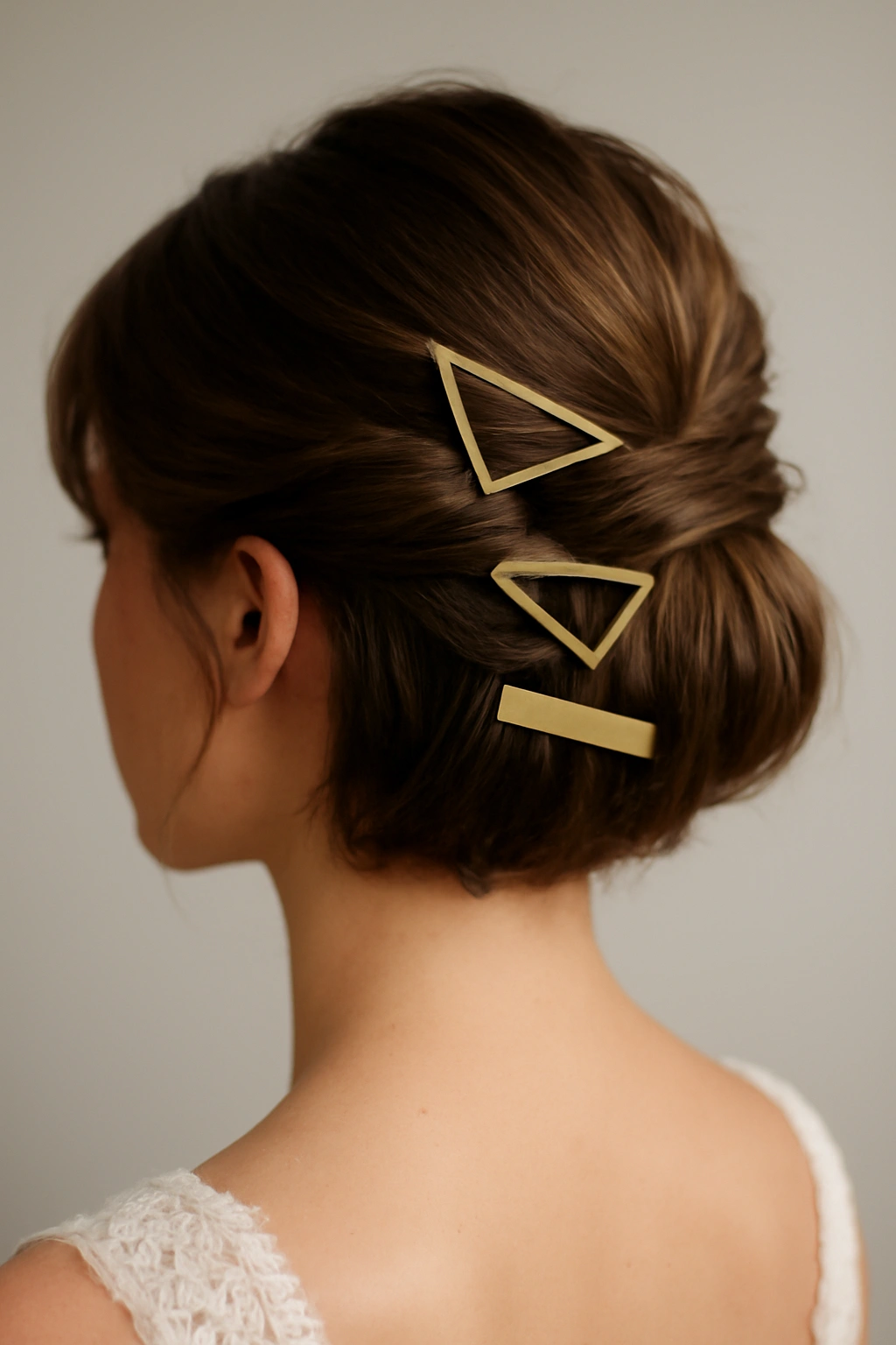 12 Bridal Updos Every Short-Haired Bride Should Try 9 Faux bob updo with geometric clips on a bridal head
