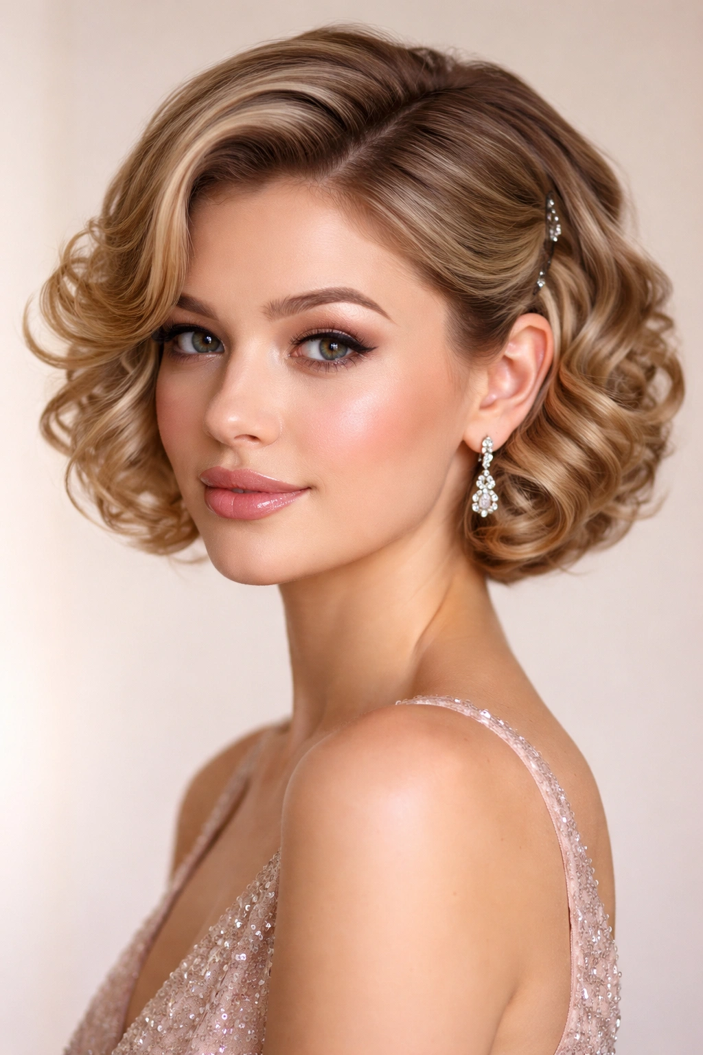 Close-up of short hair curled and pinned to mimic a longer faux bob