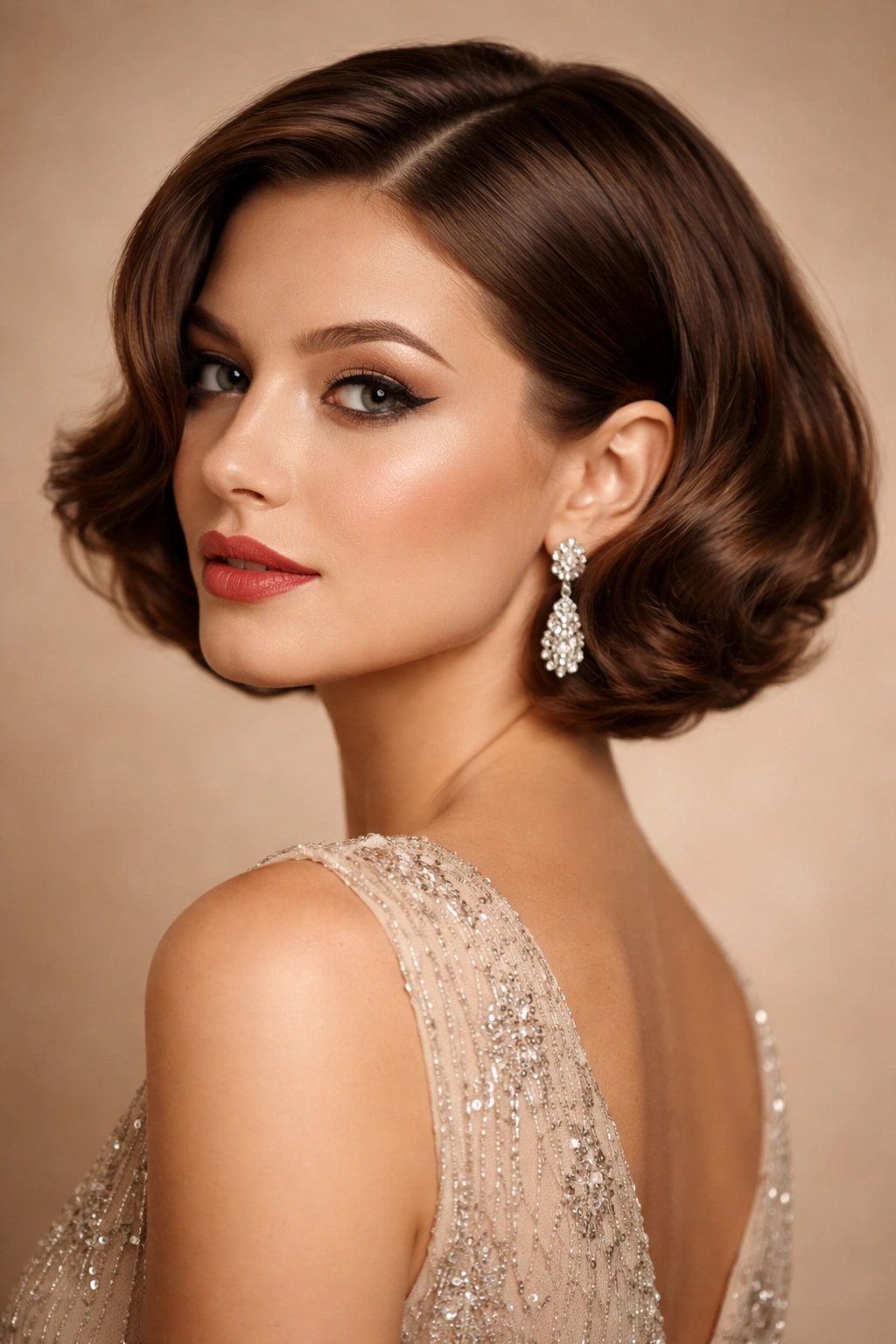 Portrait of a woman with a faux bob illusion created by tucking long hair under at the nape