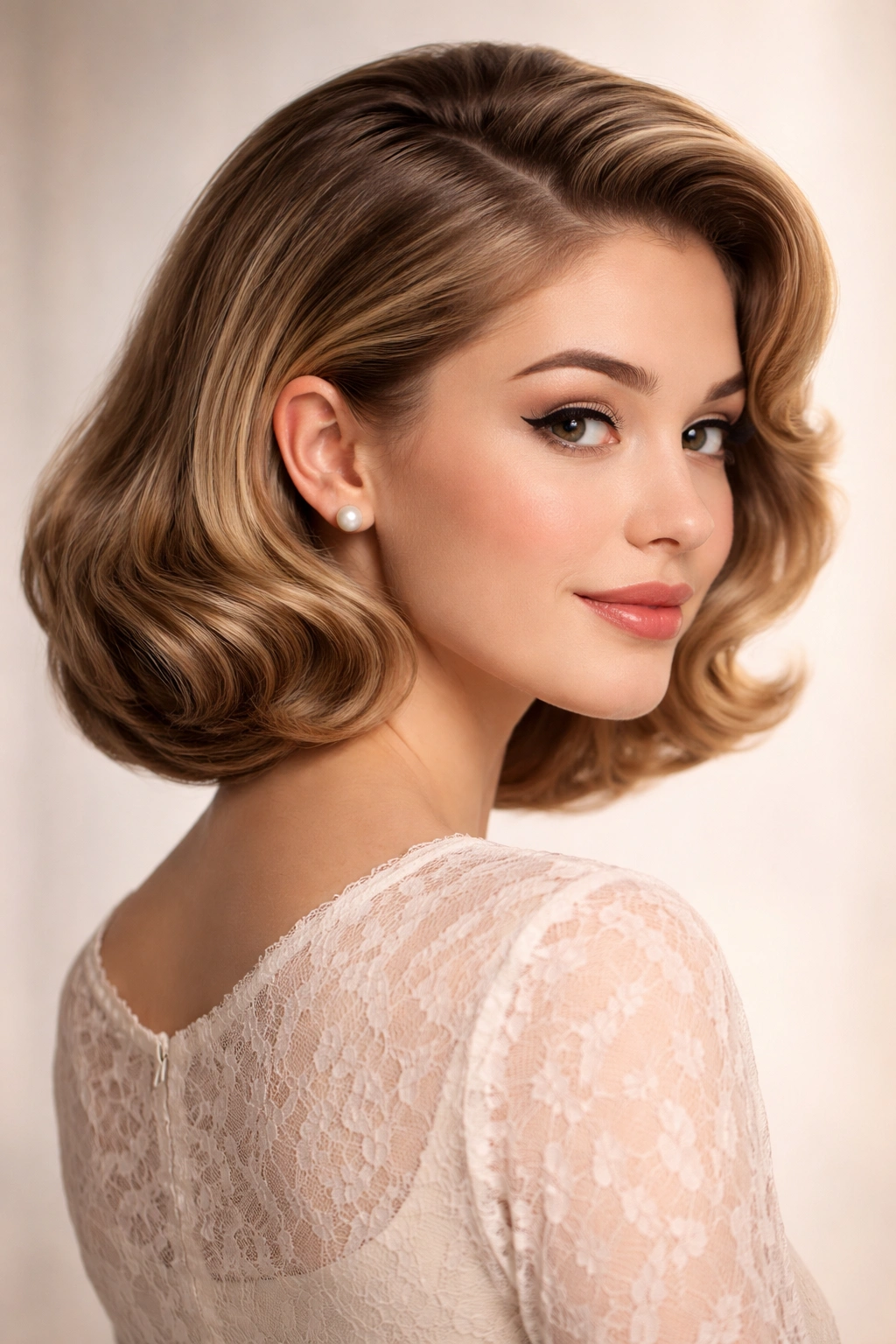 Long hair tucked at nape to simulate a faux bob