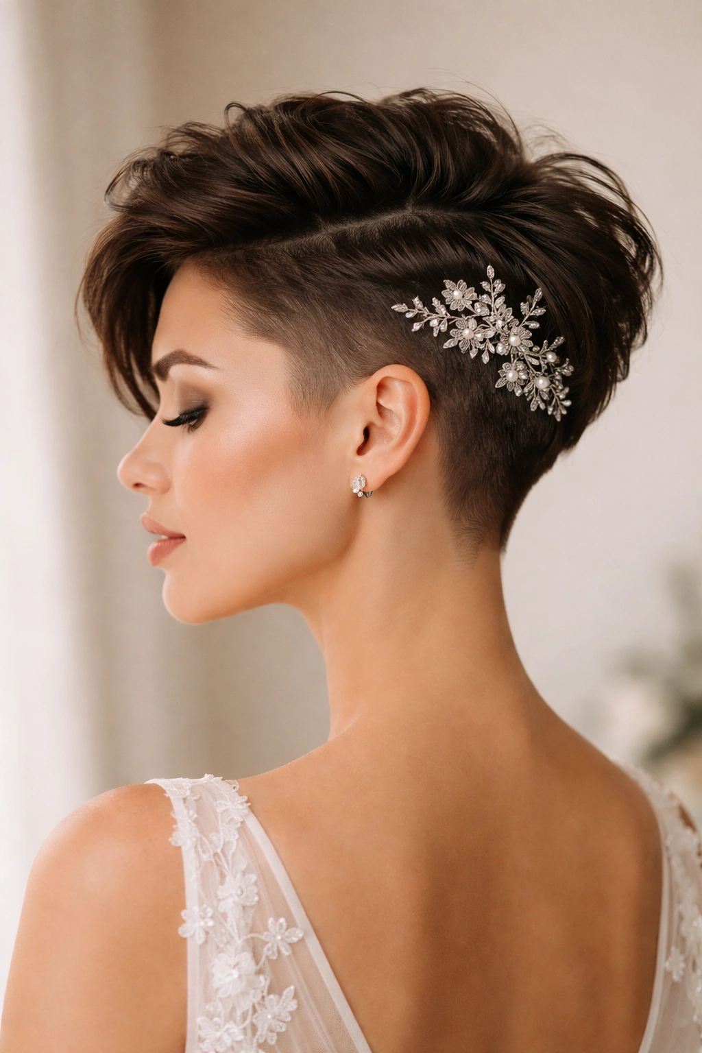Side view of a short undercut with faux fade and textured top with accessory