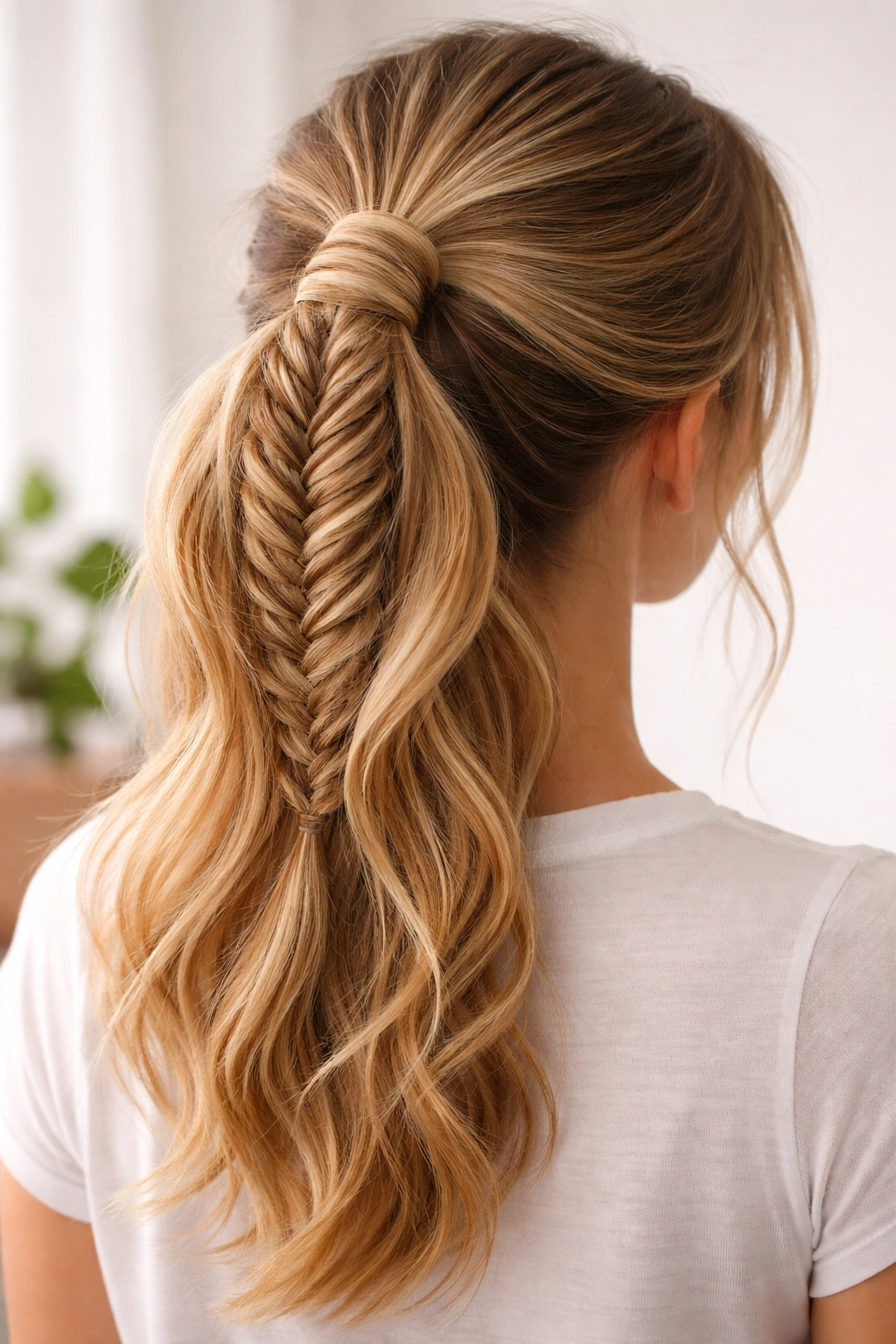 Ponytail with faux fishtail braid and ombre dimension
