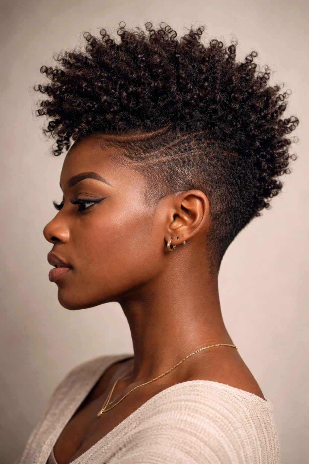 Close-up of short faux hawk with tall center and tapered sides