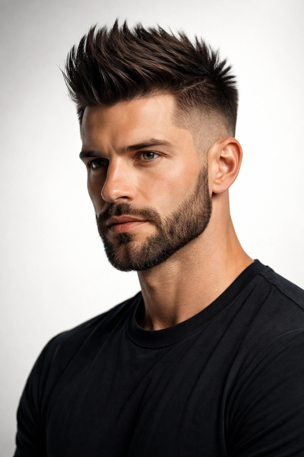 Portrait of a man with a faux hawk and a short full beard in a minimalist studio setting