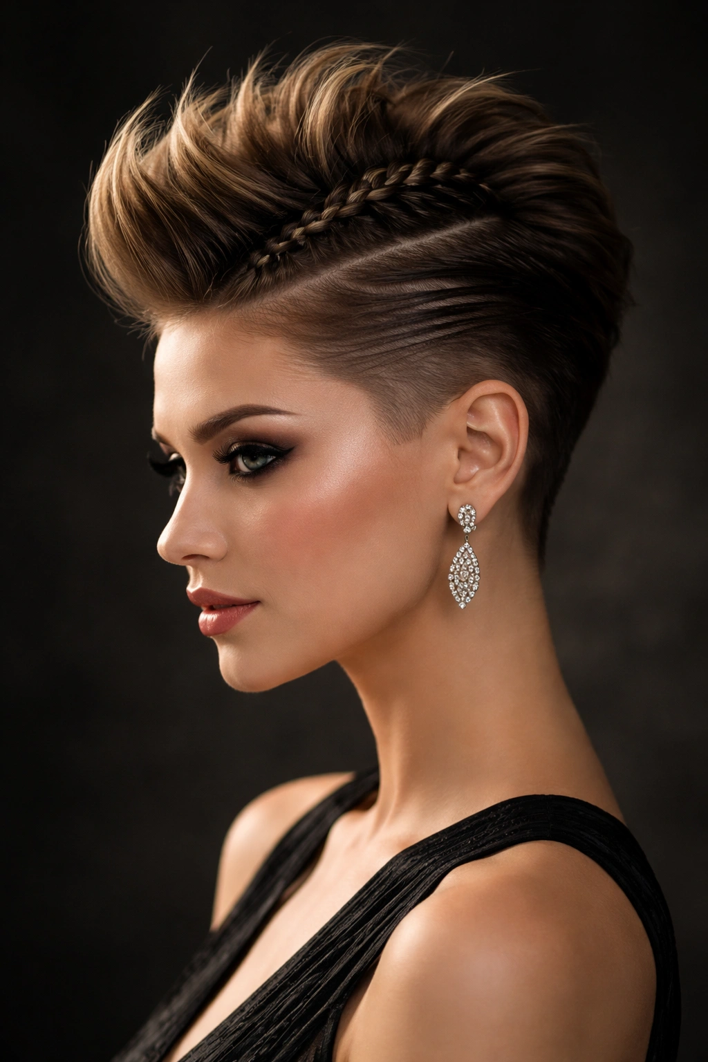 Faux hawk with a center braid on short hair