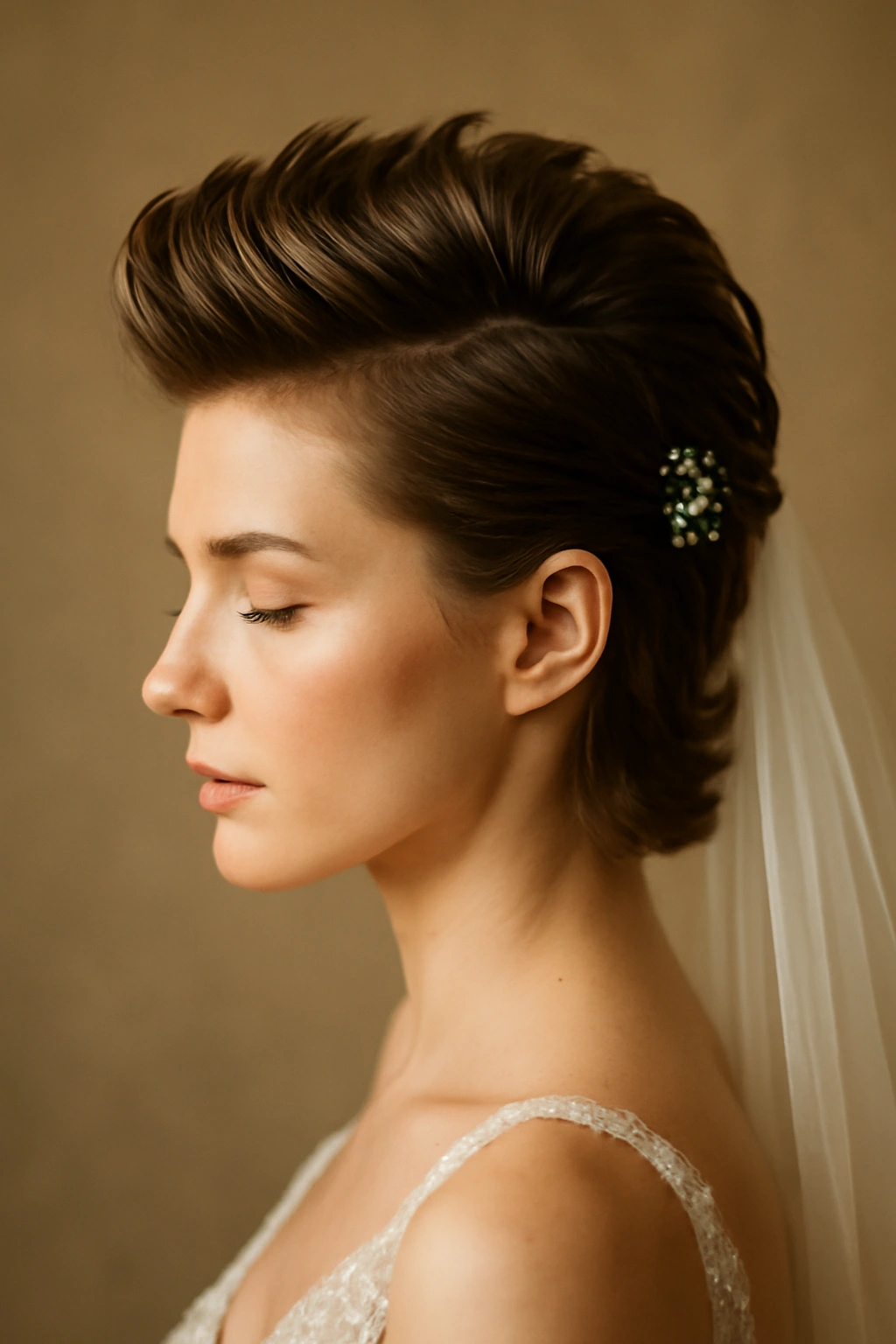 15 Wedding Hairstyles That Suit Short-Haired Brides 13 Close-up of a short bridal faux hawk with crown volume and soft draping.