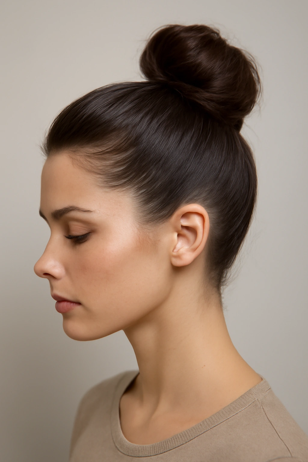 10 Cute Bun Styles for Short Hair That Hold Up Well 8 Profile view of a high center bun with smooth sides forming a faux hawk