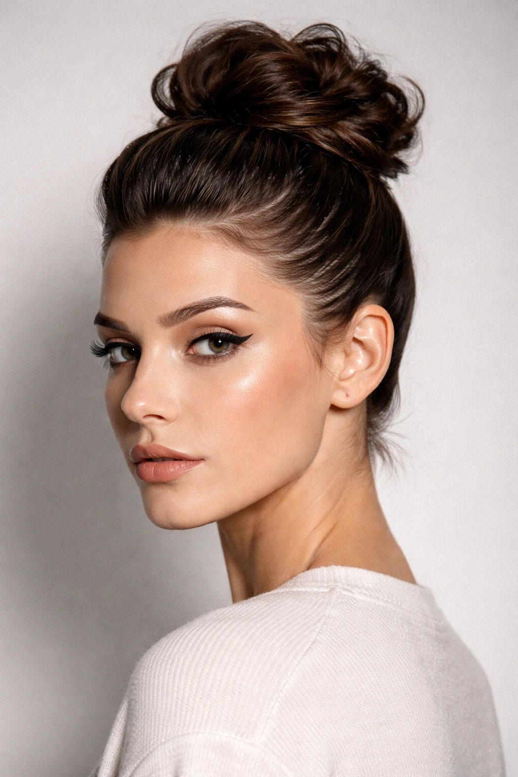 Faux Hawk Bun on short hair with crown bun and slicked-back sides