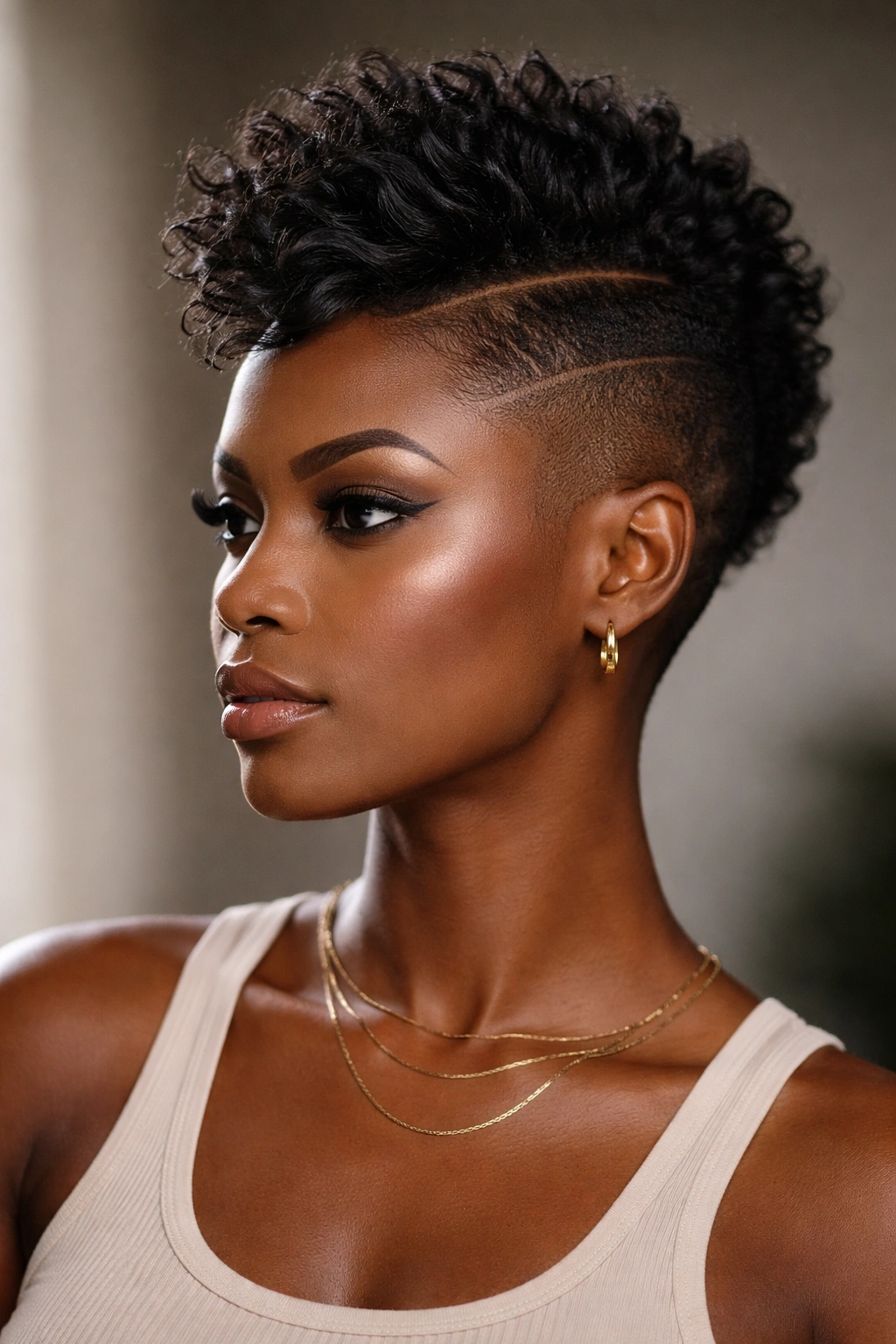 Portrait of a Black woman with a faux hawk and central long strip