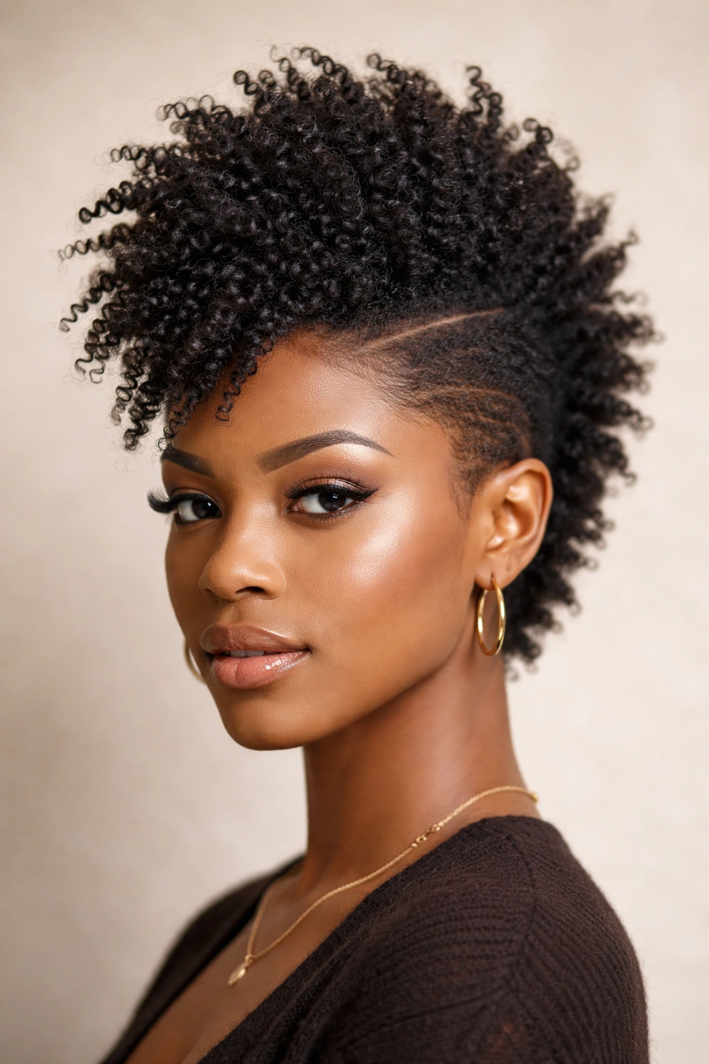 18 Haircuts For Natural Hair Sorted By Curl Type 11 Portrait with a bold faux hawk silhouette formed by Type 4A coils