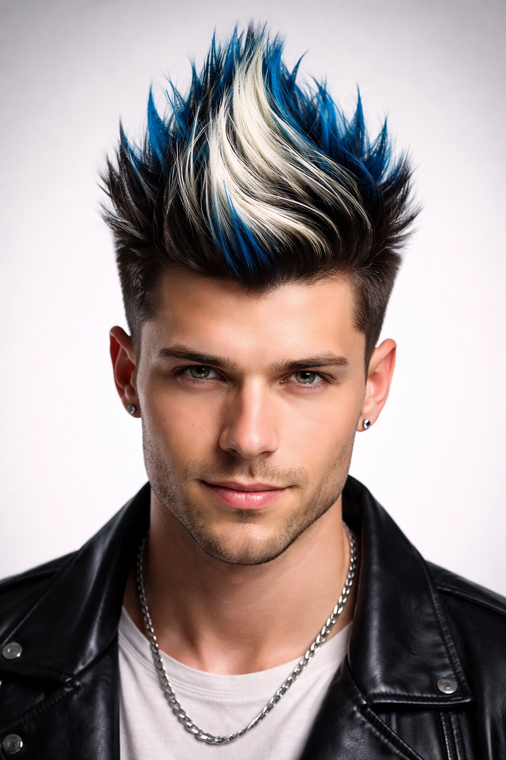 Double-tier faux hawk showing black base with bright top tier in studio lighting.