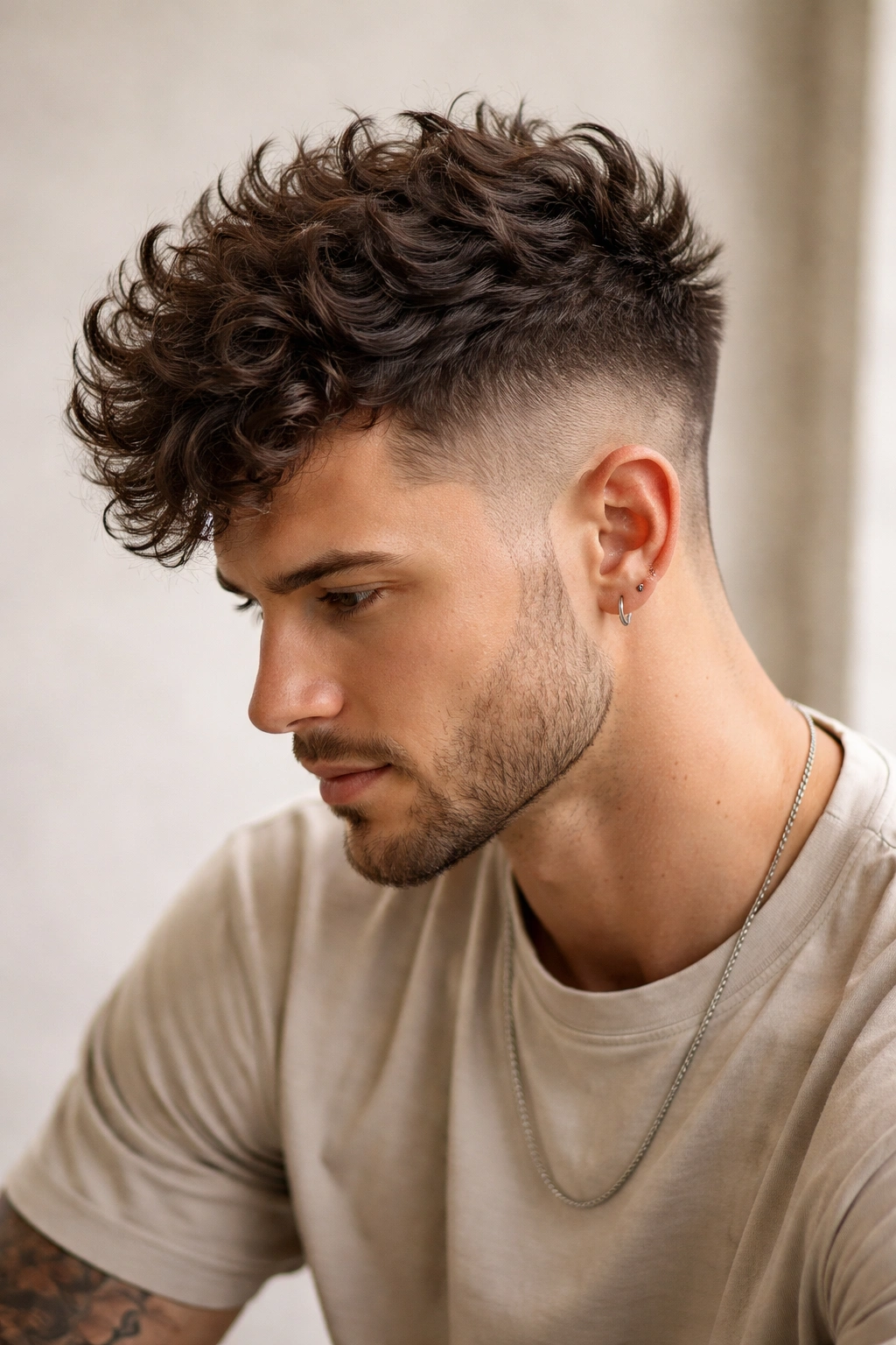 10 Curly Crop Haircuts For A Fresh Bold Look 6 Portrait of a faux hawk crop with a textured crown and shorter sides.