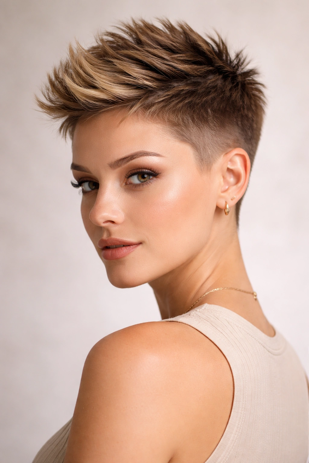 Close-up portrait showing textured top with short sides forming a subtle faux hawk.