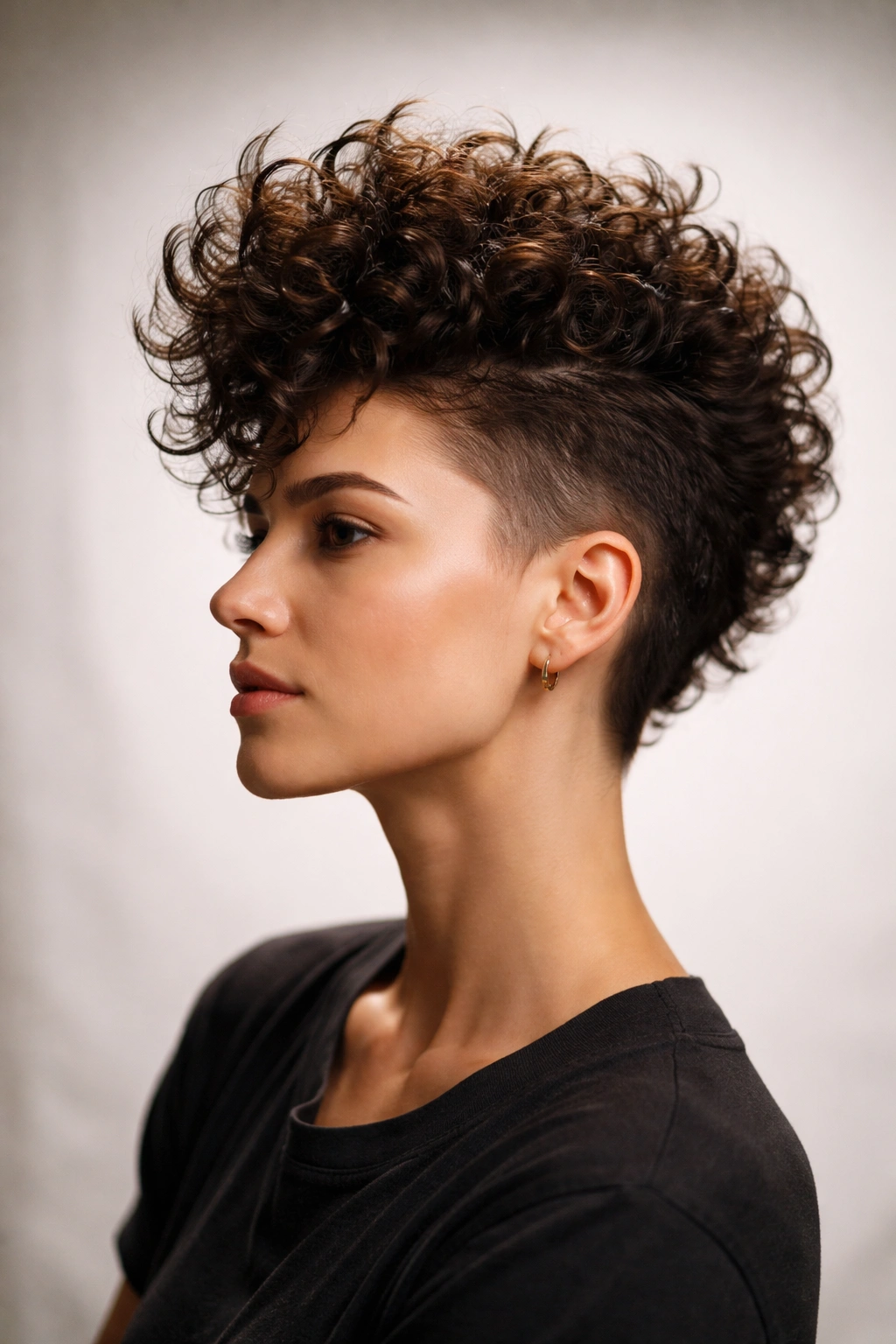 20 Short Curly Haircuts To Try Today 4 The Faux Hawk with Curls showing a dramatic curved center peak and tapered sides.