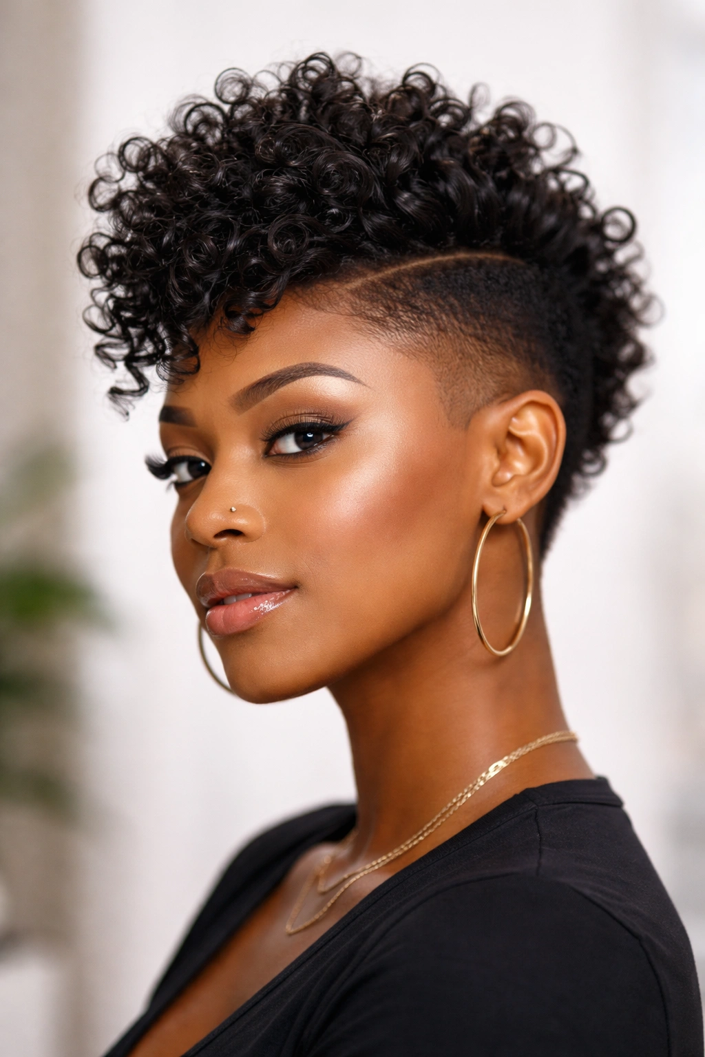 Portrait of a Black woman with a faux hawk hairstyle and curled center