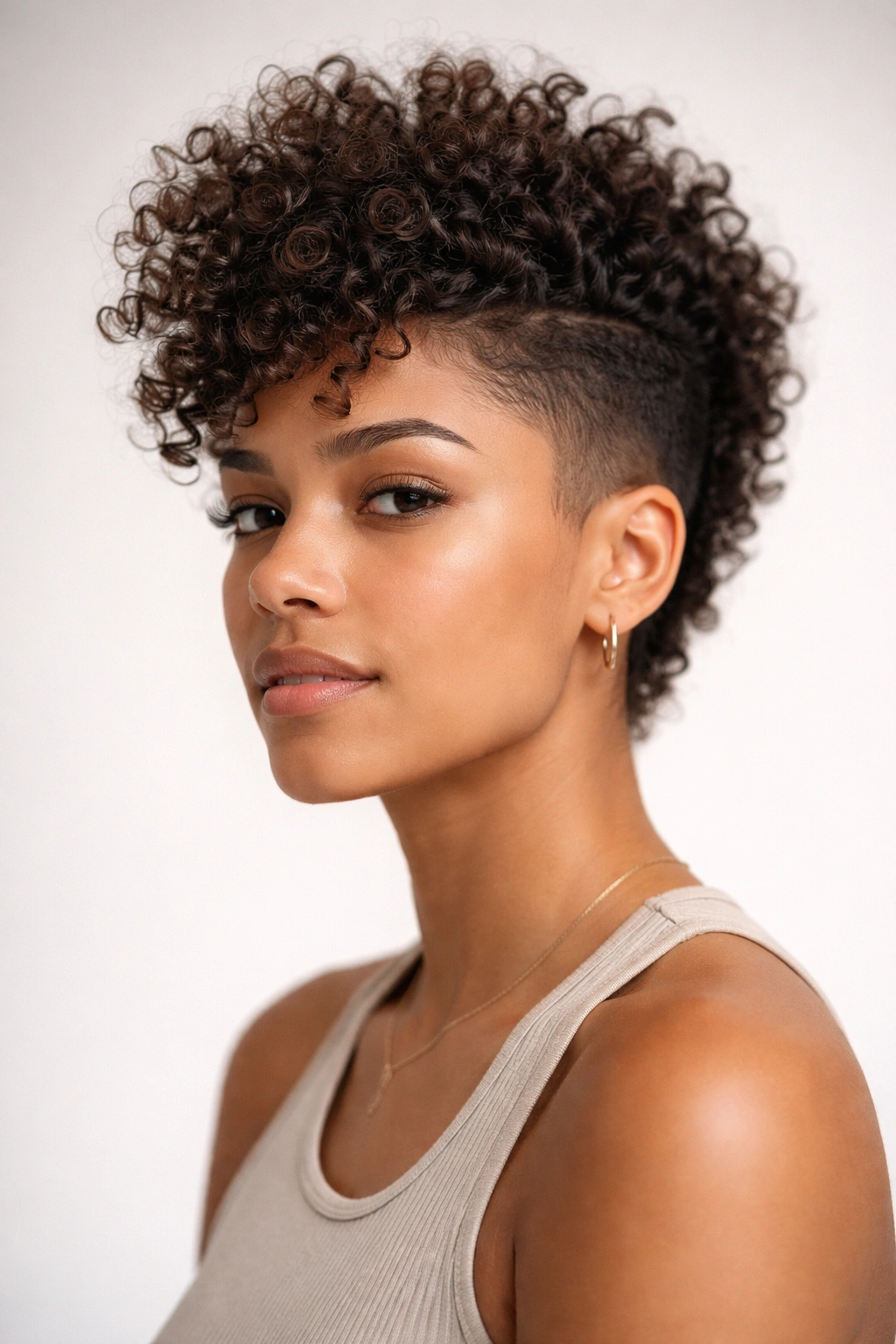 Head-and-shoulders portrait of a person with textured curly faux hawk showing top volume