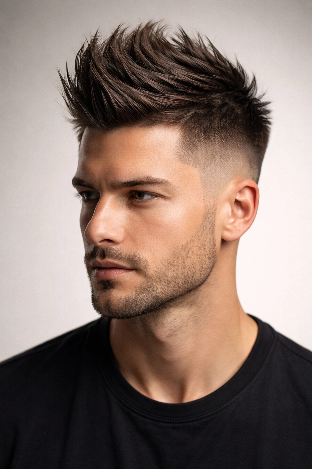 Close-up of a man's faux hawk edge with a long center strip and tight faded sides
