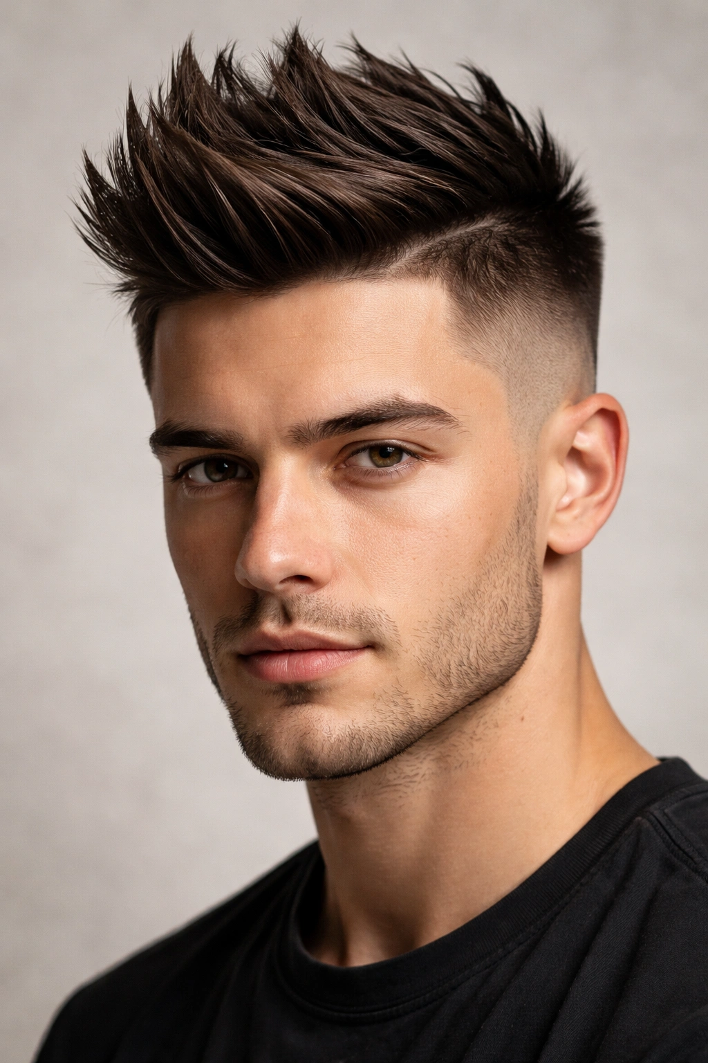 Portrait of a man with a faux hawk and fade highlighting a center ridge.