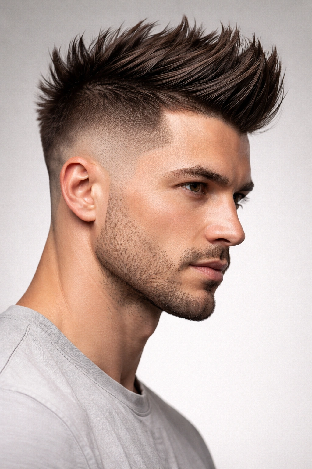 Faux hawk hairstyle with center elevated strip and faded sides in a studio portrait