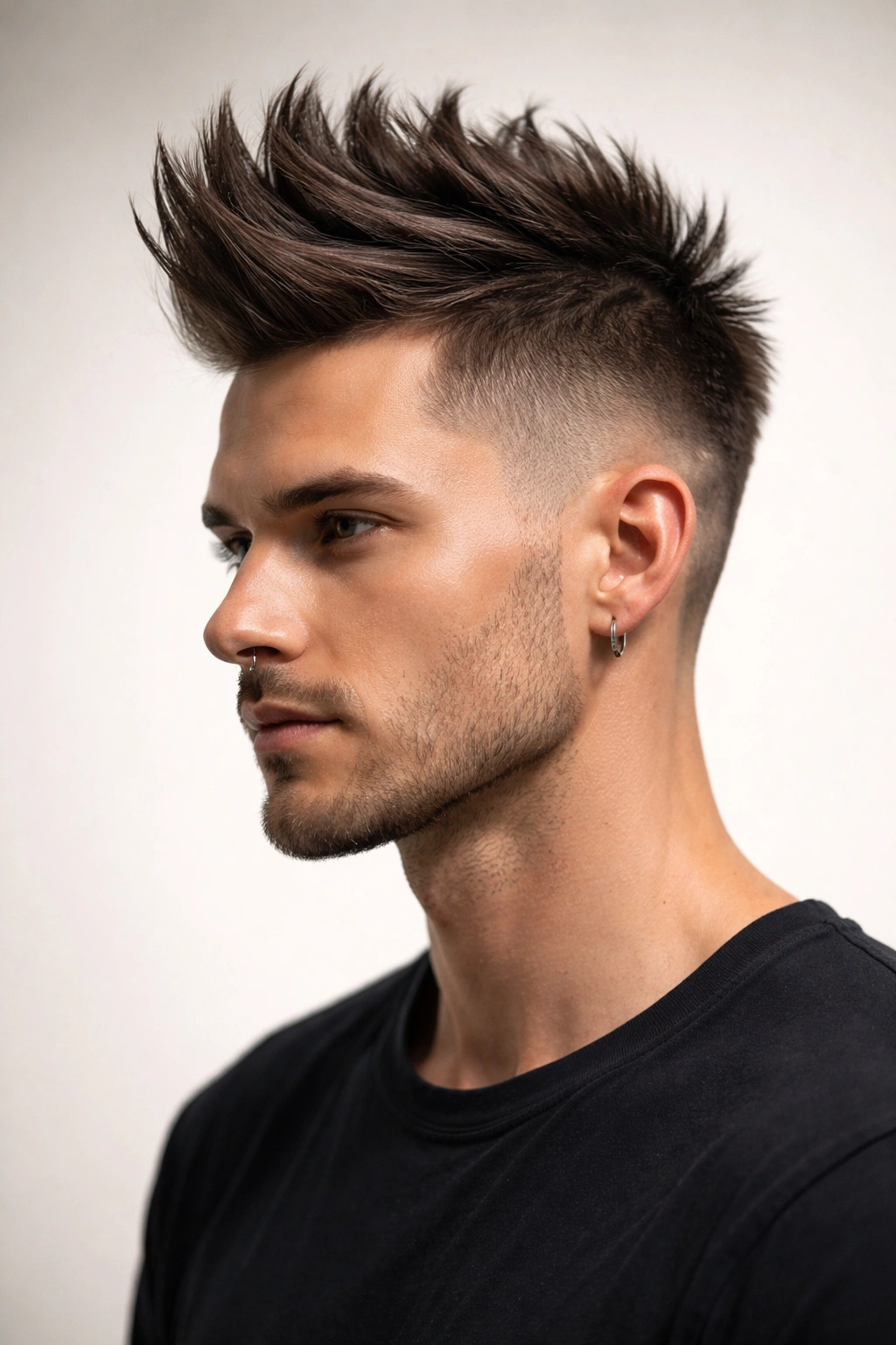 Portrait of a person with a faux hawk hairstyle and faded sides
