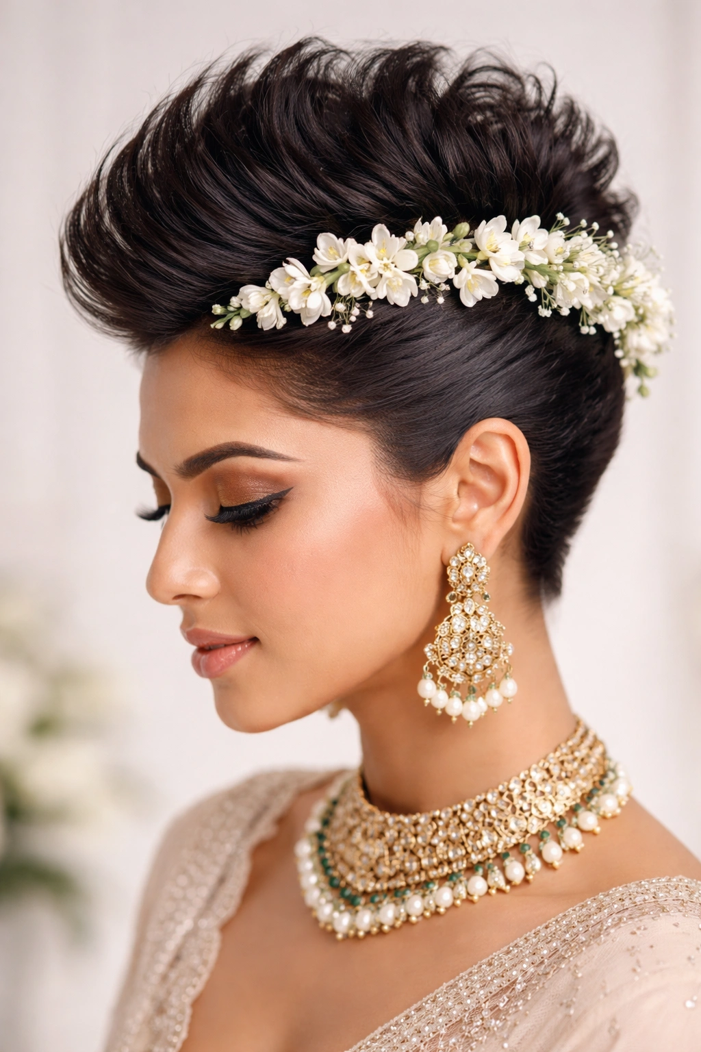 Top or side view of a faux hawk with a jasmine floral crown