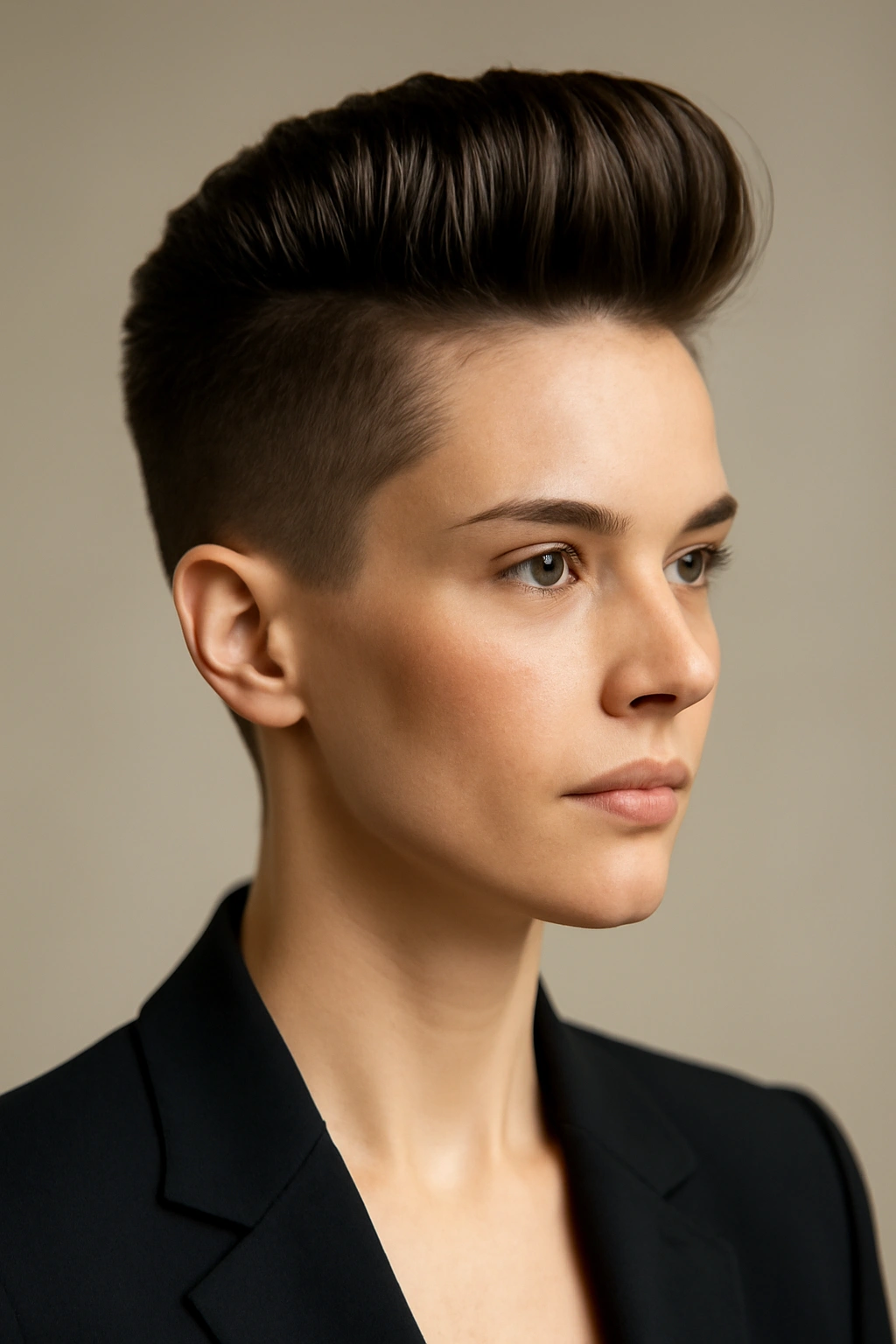 10 Formal Styles That Make Short Hair Look Dressy 7 Close-up portrait showing elevated faux hawk with sculpted top and tapered sides