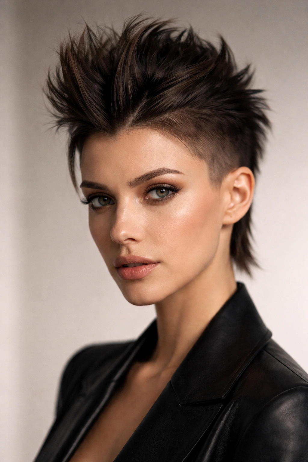 Close-up of faux hawk with center part and lifted top against a neutral backdrop