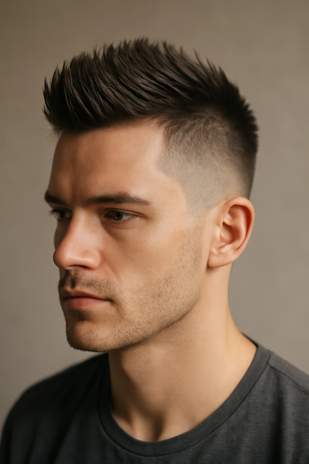 15 Sharp Short Haircuts Every Man Should Try 12 Portrait of a man with a faux hawk: center strip of longer hair and short faded sides.