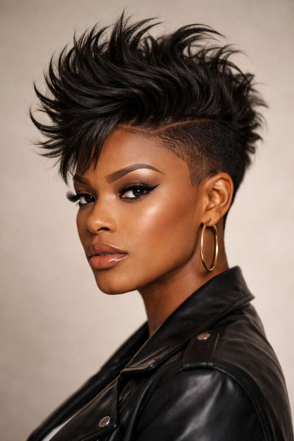 Close-up of a faux hawk hairstyle with a longer center strip and tapered sides under dramatic lighting