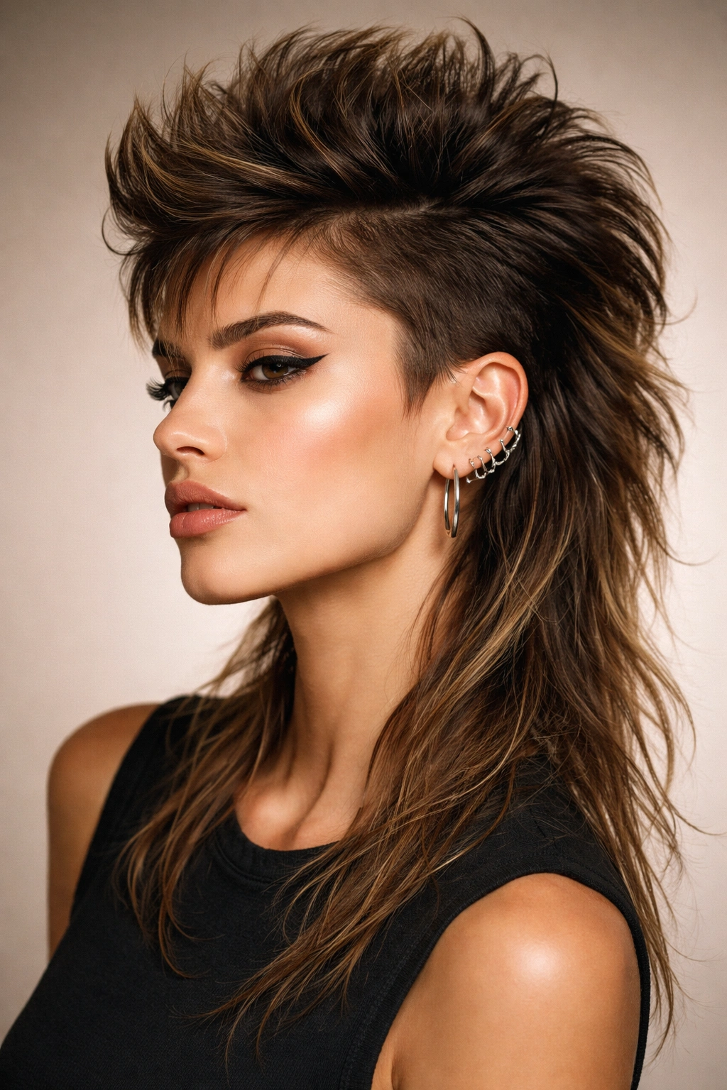 Close-up portrait of hair featuring a faux hawk mohawk mullet with long sides and short textured top.