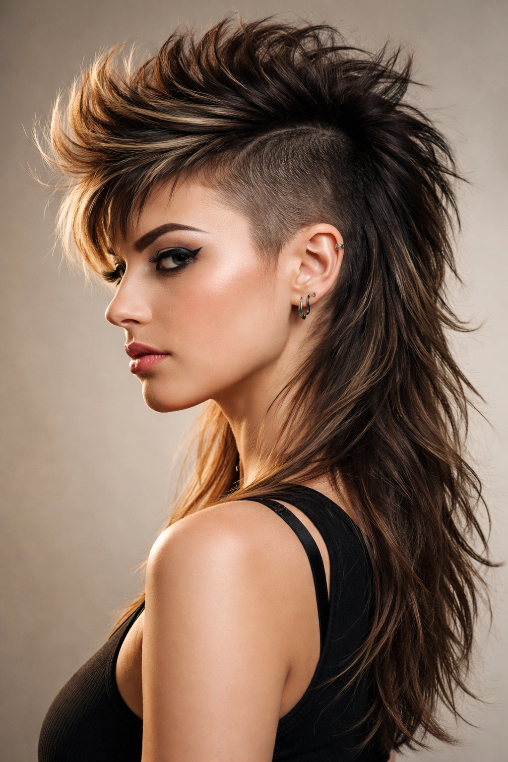 Close-up portrait of a faux hawk mullet with shaved sides, center stripe, and shaggy back