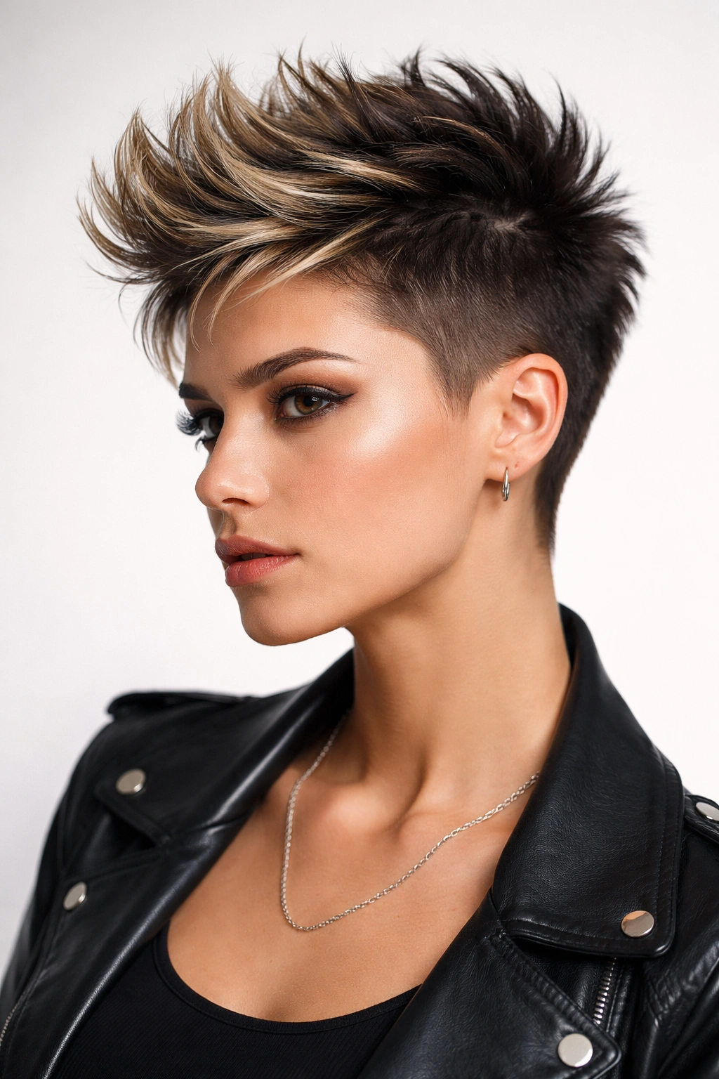 Pixie haircut with shaved sides and lifted faux hawk top