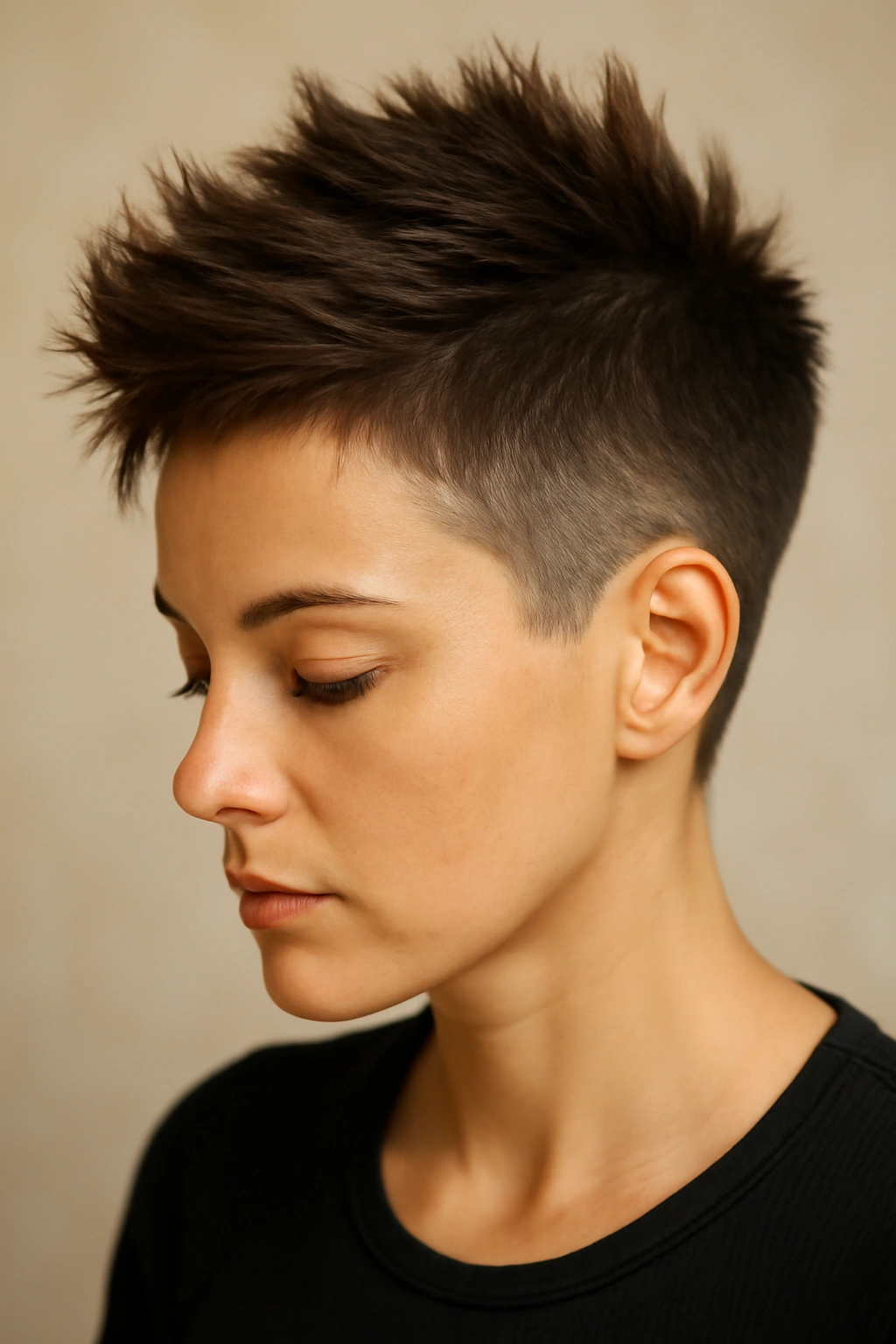 20 Pixie Styles Ranging From Classic To Edgy 9 Close-up of a faux hawk pixie with a long center strip and very short sides.
